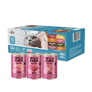 Frendi sáčky pro kočky s masovou příchutí v omáčce 48x100g + WILD FARM Pate Mix chutí 3x400g – bezlepkové krmivo pro kočky