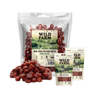 WILD FARM kachní roláda 500g pamlsky pro psy + WILD FARM měkká kachní prsa 2x80g