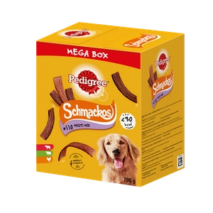 PEDIGREE® Mega Box SchmackosTM - doplňkové krmivo pro dospělé psy (s příchutí hovězího, jehněčího a drůbeže) - 790g