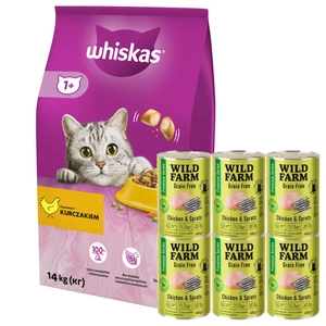 Whiskas Adult kuře 14 kg + WILD FARM Premium Grain Free Chicken and Sprats 6x400g