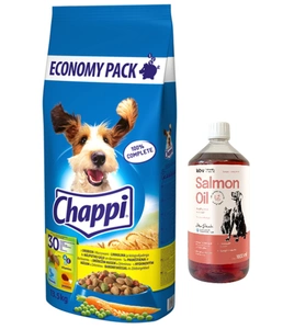 CHAPPI 13,5 kg - suché krmivo pro psy s drůbeží a zeleninou + LAB V Lososový olej pro psy a kočky 1000ml
