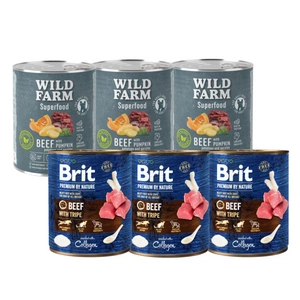 Brit Premium by Nature Beef with Tripe 3x800g + WILD FARM Superfood Beef 3x800g