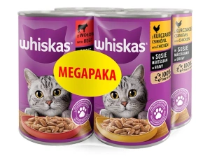 WHISKAS Adult PUSZKA 4x400G – mokré krmivo pro kočky v omáčce (2x S KUŘECÍM MASEM, 2x S HOVĚZÍM MASEM)