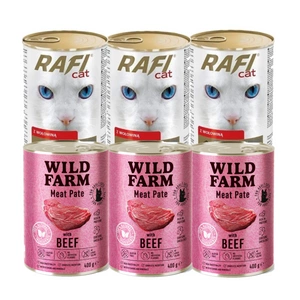 RAFI Cat Kousky s hovězím masem v omáčce – plechovka 3x415 g + WILD FARM Pate with Beef 3x400 g – bezlepkové krmivo pro kočky