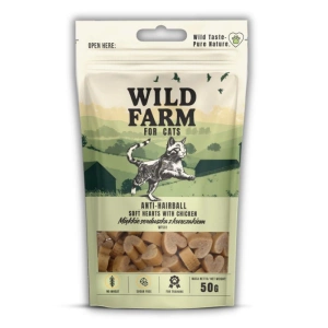 WILD FARM anti-hairball měkká kuřecí srdíčka 50g pamlsky pro kočky
