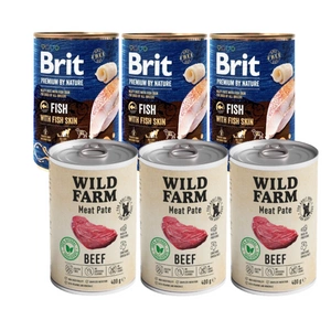 Brit Premium by Nature Fish with Fish Skin 3x400g & WILD FARM Pate Beef 3x400g bezlepkové krmivo pro psy
