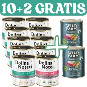 Dolina Noteci PREMIUM s vysokým obsahem perličky/telecího masa 10x800g + WILD FARM Superfood Duck 2x800g ZDARMA