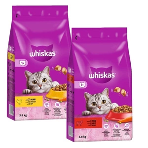 WHISKAS Adult 2x3,8 kg - suché kompletní krmivo pro dospělé kočky s kuřecím a hovězím masem