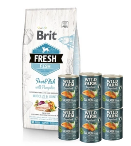 Brit Fresh Fish & Pumpkin Adult Large Muscles & Joints 12kg + Wild Farm Superfood Salmon 6x400 g