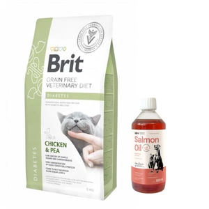Brit gf veterinární dieta kočka diabetes 5kg + LAB V Lososový olej 500 ml