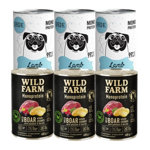 PEPE MONO PROTEIN Lamb (jehněčí) 3x400g + WILD FARM Monoprotein Wild Boar 3x400g hypoalergenní
