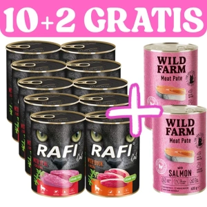 RAFI Cat Adult s telecím masem/kachnou 10x400g + WILD FARM Pate with Salmon 2x400g ZDARMA