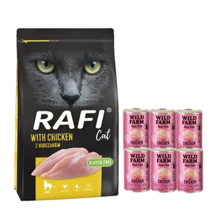 DOLINA NOTECI Rafi Cat suché krmivo pro kočky s kuřecím masem 7kg + WILD FARM Pate with Chicken 6x400g