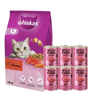 WHISKAS Adult hovězí 14 kg + WILD FARM Pate Beef 6x400g - bezlepkové krmivo pro kočky