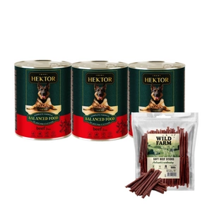 Hektor 3x1240g Hovězí + WILD FARM hovězí tyčinky 500g pamlsky pro psy
