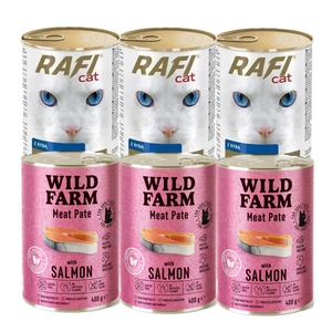 RAFI Cat Kousky s rybou v omáčce 3x415 g + WILD FARM Paštika s lososem 3x400g