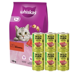 WHISKAS Adult hovězí 14 kg + WILD FARM Premium Grain Free Beef and Duck 6x400g