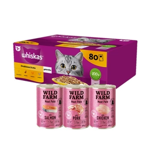 WHISKAS Adult sáček 80 x 85 g Poultry Feast - vlhké krmivo pro dospělé kočky, v želé (kousky s: kuřecím, kachním, drůbežím, krůtím) + WILD FARM Pate 3x400g