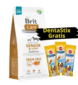 BRIT CARE Dog Grain-free Senior & Light Salmon 12kg + 3x DentaStix GRATIS