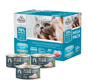 Frendi sáčky pro kočky (bílá ryba/pstruh) 12x100g + WILD FARM Mousse White Fish 3x85g – bezobilný mousse pro kočky