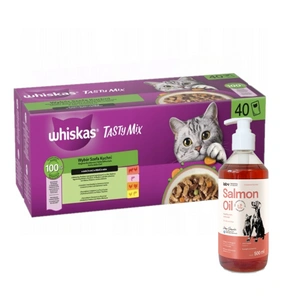 WHISKAS TASTY MIX mokré krmivo pro kočky Výběr šéfkuchaře v omáčce 40x85g + Lab-v Lososový olej 500 ml
