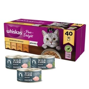 WHISKAS Adult sáčky 40 x 85 g Drůbeží hranolky - vlhké krmivo pro dospělé kočky, v želé (kousky s: kuřecím, krůtím, drůbežím, kachním) + WILD FARM Mousse Chicken 3x85g - pěna pro kočky bez obilovin