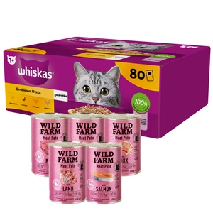 WHISKAS Adult saszetka 80 x 85 g Drobiowa Uczta + WILD FARM Pate 5x400g MIX
