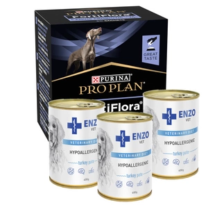 PURINA PVD FortiFlora Dog 30 x 1g + 3 x ENZO VET Hypoallergenic hypoalergenní dieta s krůtím masem pro psy 400g