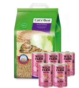 JRS Cats Best Nature Gold - stelivo pro dlouhosrsté kočky 20l / 10kg + WILD FARM Pate 5x400g MIX