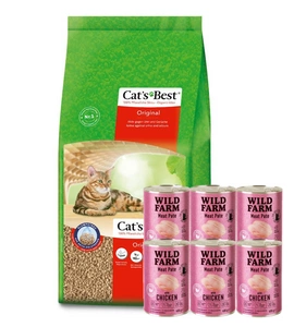 JRS Cat's Best Original (Eko Plus) dřevěné stelivo 40l + WILD FARM Pate Chicken 6x400g