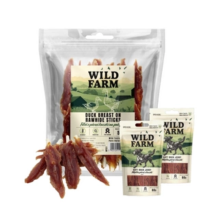 WILD FARM filet z kachních prsou na špejli 500g pamlsek pro psy + WILD FARM měkká kachní prsa 2x80g