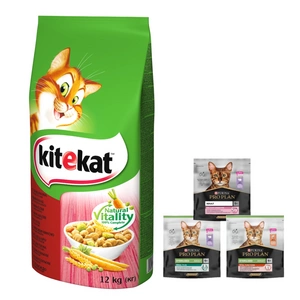KITEKAT s hovězím masem a zeleninou 12 kg + PRO PLAN Adult cat food 400g - náhodná dodávka
