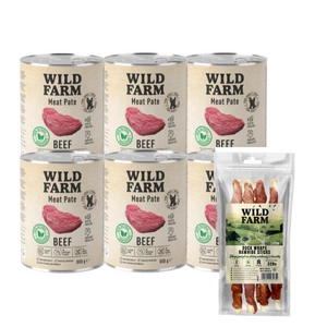 WILD FARM Pate Beef 6x800g bezlepkové krmivo pro psy + Dlouhá hovězí kůže s kachnou 28cm 320g