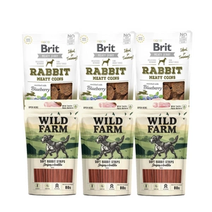 BRIT Jerky Snack Rabbit Meaty Coins with Blueberry + WILD FARM králičí proužky 6x80g