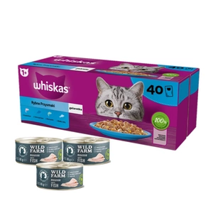 WHISKAS Adult sáčky 40 x 85 g Fishy Treats - vlhké krmivo pro dospělé kočky v želé (kousky s: lososem, tuňákem, treskou, bílou rybou) + WILD FARM Mousse White Fish 3x85g - pěna pro kočky bez obilovin