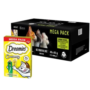 PetRepublic mokré krmivo pro kočky v jemné omáčce MIX masové příchutě 48x85g & DREAMIES Krémový se sýrem a šantou kočičí 12x10g
