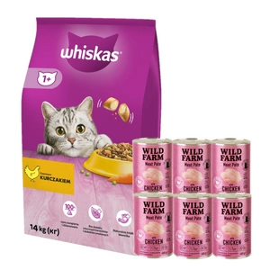Whiskas Adult kuře 14 kg + WILD FARM Pate Chicken 6x400g - bezlepkové krmivo pro kočky