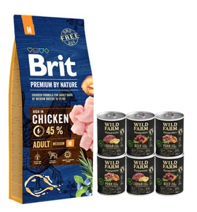 BRIT Premium By Nature Adult M 15kg & WILD FARM Monoprotein Mix chutí 6x400g hypoalergenní krmivo pro psy