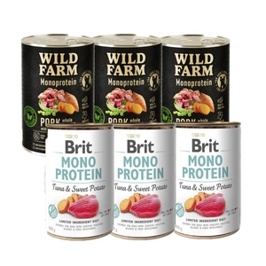 BRIT MONO PROTEIN TUNA &amp; SWEET POTATO 3x400g + Wild Farm Monoprotein Wild Boar 3x400g