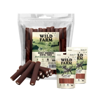 WILD FARM Rabbit dentální tuby 500g pamlsky pro psy + WILD FARM králičí proužky 2x80g