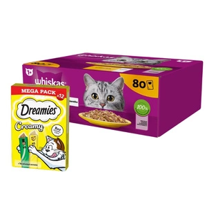 Whiskas Poultry Feasts Jelly 80 x 85g & DREAMIES Krémový se sýrem a šantou kočičí 12x10g