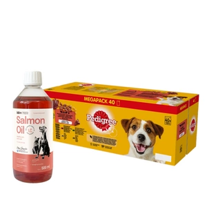 PEDIGREE Adult sáček 40x100g Mix of Flavors - mokré krmivo pro psy v želé (s hovězím, s kuřecím masem, s jehněčím, s drůbeží) + LAB V Lososový olej 500ml