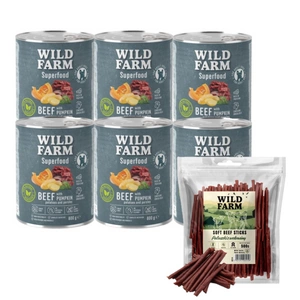 WILD FARM Superfood Beef (Hovězí s dýní, bramborami a petrželí) 6x800g krmivo pro psy bez obilovin + hovězí tyčinky 500g