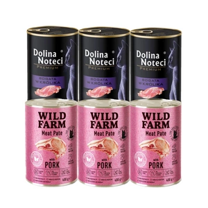 Dolina Noteci Premium bohatá na králíka 3x400g + WILD FARM Pate Pork 3x400g – bezlepkové krmivo pro kočky