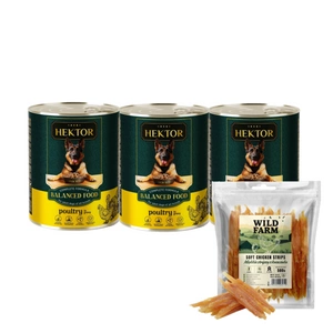 Hektor 3x1240g Drůbež + WILD FARM měkké kuřecí proužky 500g pamlsky pro psy