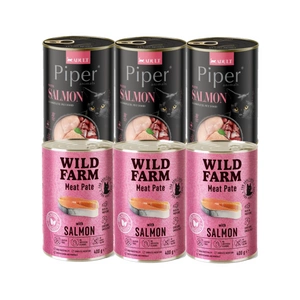 DOLINA NOTECI Piper s lososem 3x400g + WILD FARM Paštika z lososa 3x400g - bezlepkové krmivo pro kočky