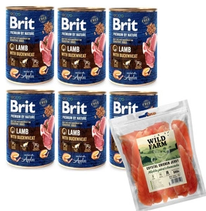 Brit Premium by Nature Lamb With BUCKWHEAT 6x400g & WILD FARM Měkká kuřecí prsa 500g Pochoutka pro psy