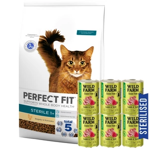 Perfect Fit™ - suché kompletní krmivo pro dospělé kočky po kastraci, bohaté na kuřecí maso 7kg + WILD FARM Premium Grain Free Lamb and Tuna 6x400g