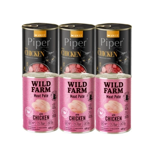 DOLINA NOTECI Piper s kuřecím masem 3x400g + WILD FARM Pate Chicken 3x400g - bezlepkové krmivo pro kočky