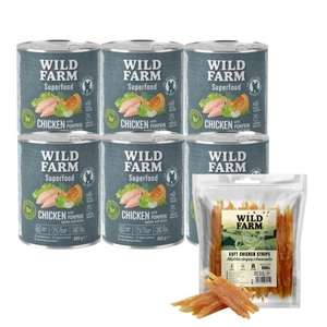 WILD FARM Superfood Chicken (kuře s dýní, jablkem a bylinkami) 6x800g krmivo pro psy bez obilovin + měkké kuřecí proužky 500g